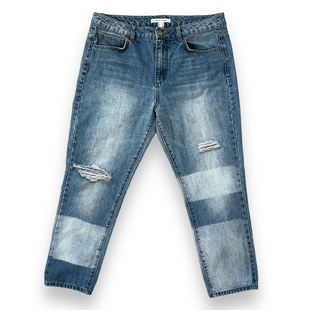Life In Progress Relaxed Fit Block Acid Washed Distressed Cropped Ankle Jeans